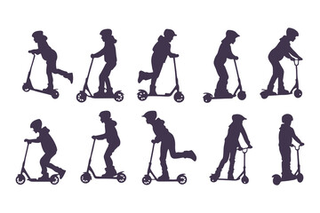 Silhouettes Set of Kids Riding Scooters in Action Poses. Jumping, Pushing, Performing Tricks. Vector Clipart Vector Illustration. © Roman