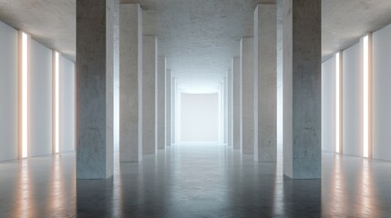 Minimalist interior with concrete columns and glowing light panels, embodying modern simplicity and spacious elegance
