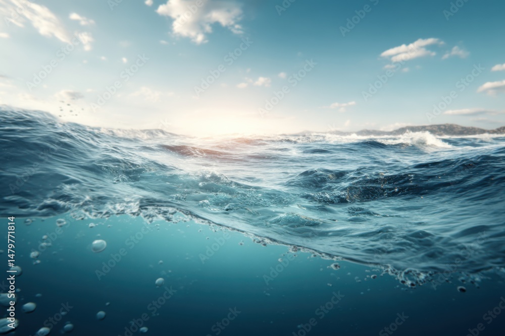 Poster ocean wave splitting view with bubbles underneath and horizon in background during sunny day
