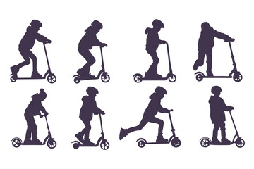 Silhouettes Set of Kids Riding Scooters in Action Poses. Jumping, Pushing, Performing Tricks. Vector Clipart Vector Illustration.