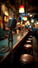 Vintage microphone on a bar counter in a dimly lit, atmospheric, and old-timey tavern