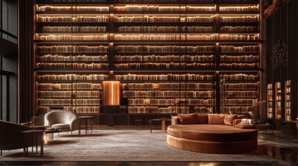 Luxurious, modern library interior with warm lighting, bookcases, and circular sofa.