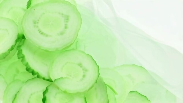 A bunch of green cucumbers are sliced and arranged in a pile. The image has a fresh and healthy vibe, with the bright green color of the cucumbers adding to the overall appeal