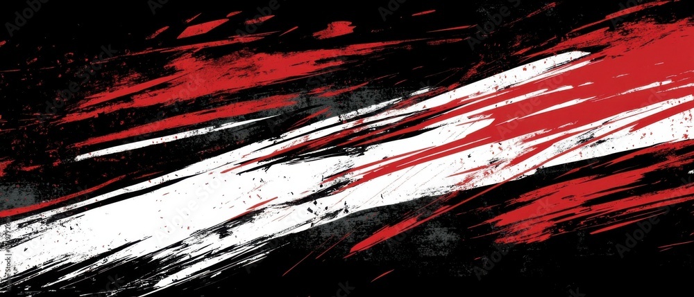 Poster abstract grunge background with red and white paint splatters on black canvas texture graphic design