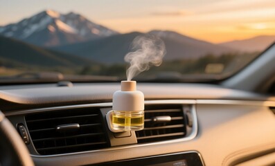 Car Essential Oil Diffuser Attached to Air Vent During Scenic Mountain Drive at Golden Sunset