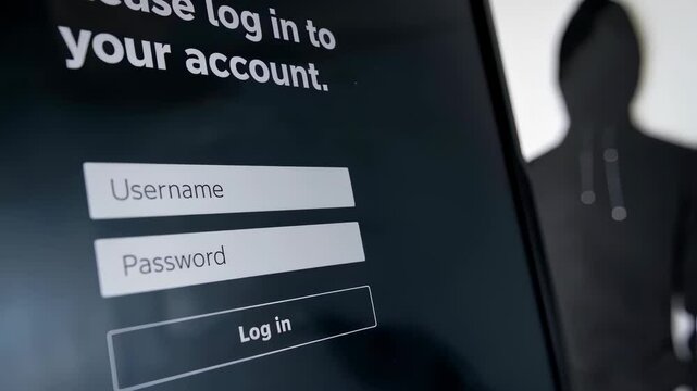 Shadow of male hacker stealing account information. Cyber criminal attack. Security vulnerability for user accounts and personal data.