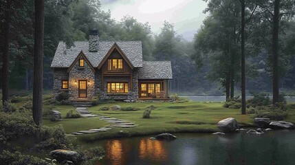 Obraz premium Cozy Stone Cottage by Tranquil Lake