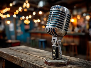 Vintage microphone on a rustic bar counter