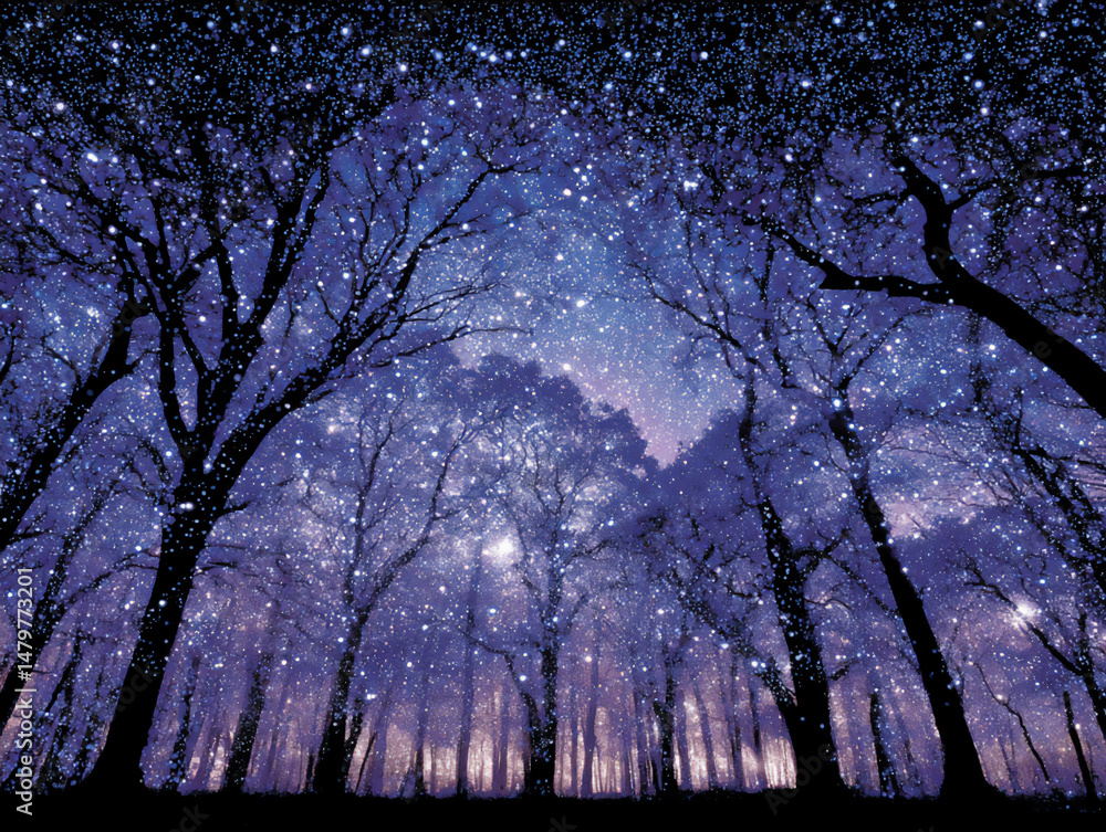 Poster a magical forest scene at night with fireflies illuminating the trees and creating a fairytale-like 