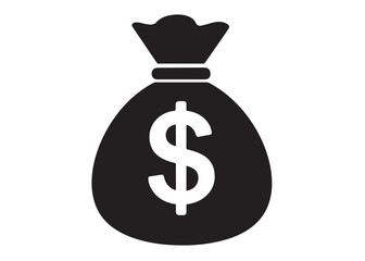 Money Bag logo silhouette vector, money bag logo icon silhouette, money bag icon silhouette vector illustration, black money bag with dollar vector silhouette illustration isolated on white background