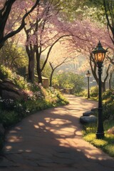 Fototapeta premium Serene park path with cherry blossoms and vintage lampposts in spring sunlight, artistic impression, peaceful scene