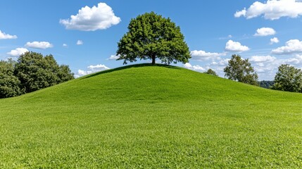 Obraz premium A single large tree stands atop a lush green hill, surrounded by blue sky and scattered white clouds on a sunny day.