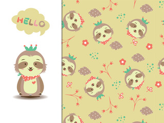 Seamless pattern with baby sloth. Yellow background. Vector illustration in funny cartoon style. Perfect for wrapping paper design, baby prints and textiles.