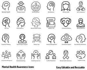 Mental Health Awareness Icon Set &ndash; Line Style Wellness, Therapy, and Support Vector Pack