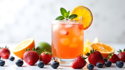 Glass of iced cocktail garnished with an orange slice and mint sprig, surrounded by fresh strawberries, blueberries, and sliced citrus on a white sur
