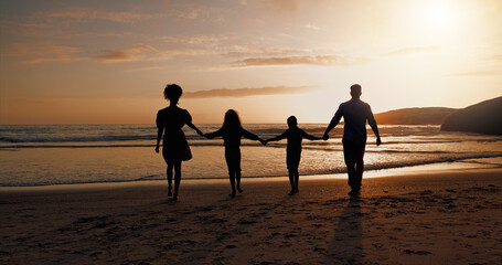 Parents, sunset and holding hands with kids on beach for summer holiday, travel and bonding together. Family, children and journey for ocean getaway, tropical vacation and adventure for weekend trip