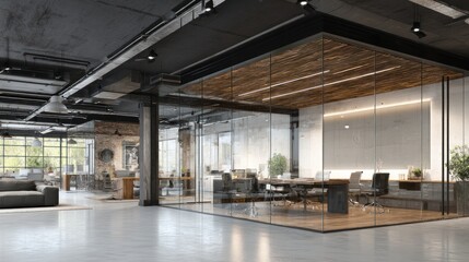 Modern Industrial Office Space Design: Glass Walls, Exposed Pipes, and Wooden Accents