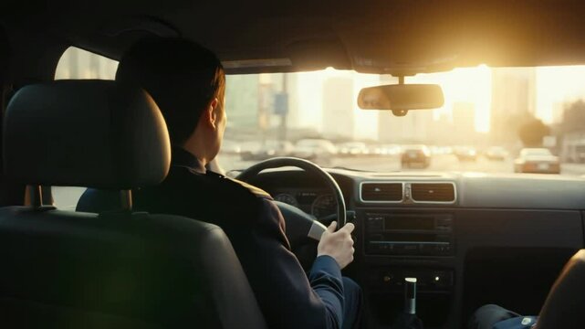 男性ドライバー、車内で安全運転、自動車通勤、運転中のリアルな日常、高速道路、車と風景、走行シーン