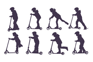 Obraz premium Silhouettes Set of Kids Riding Scooters in Action Poses. Jumping, Pushing, Performing Tricks. Vector Clipart Vector Illustration.