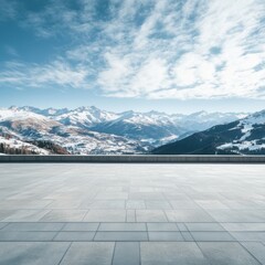 Snow Capped Mountains View from Stone Terrace in Swiss Alps on Sunny Day Landscape Photography