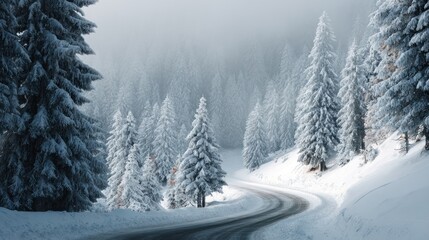 Serene Winter Wonderland: A Snowy Road Winding Through a Frosty Forest