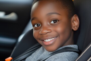 Kid Car Seat. Happy African American Boy Sitting Alone in Car