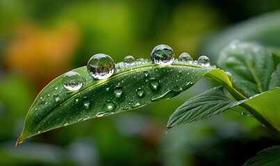 Jewellike droplets grace vibrant green leaf
