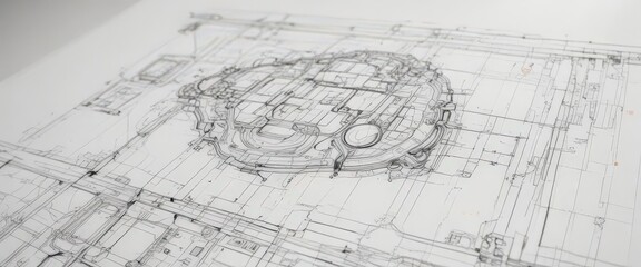 Technical drawing blueprint style, white background, black outlines , abstract design, plan