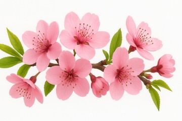 Fototapeta premium A close-up shot of a branch with delicate pink cherry blossoms, showcasing the beauty of spring flowers against a white background