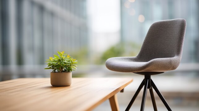Minimalist office corner with ergonomic chair and plant, conveying modern simplicity and calm productivity.
