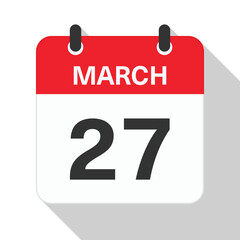 Fototapeta premium March 27 Daily Calendar. Red Theme on White Background