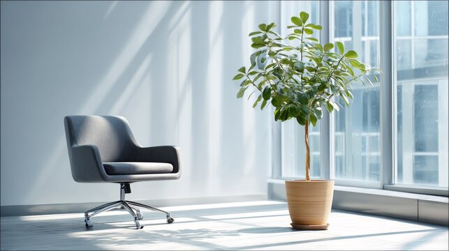 Minimalist office corner with ergonomic chair and plant, conveying modern simplicity and calm productivity.
