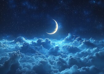 Fototapeta premium Starry night, crescent moon, and clouds
