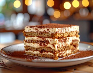 A close-up, ultra-realistic shot of a perfectly layered tiramisu dessert, with delicate espresso-soaked ladyfingers