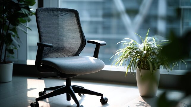 Minimalist office corner with ergonomic chair and plant, conveying modern simplicity and calm productivity.
