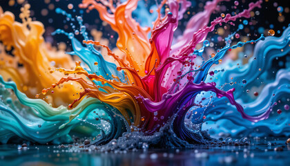 Vivid and dynamic splashes of colorful paint in vibrant hues of orange, pink, purple, and blue creating a beautiful water splash effect, with droplets of water and splashing liquid, set against a dark
