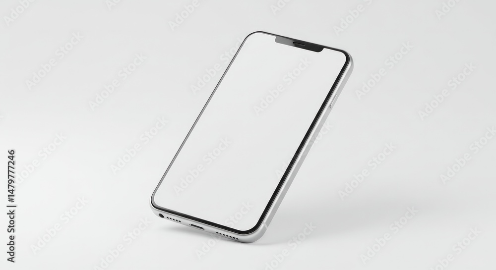 Poster sleek smartphone presentation with silver frame and blank screen on white backdrop