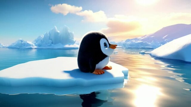 Pinguink&uuml;ken auf Eisscholle (3D-Cartoon)