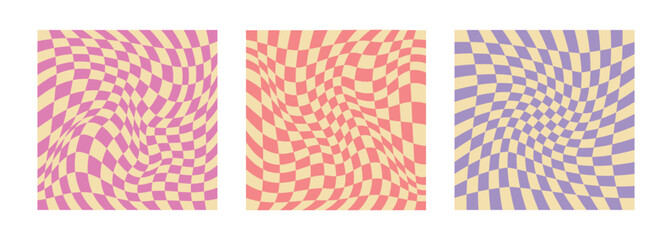 Candy cane pastel checkered boards. Abstract childish square backgrounds. Geometric pattern. Optical illusion, modern art. Psychedelic groovy swirls. Hippie covers, posters, cards, banners. Vector.