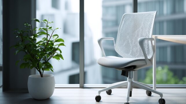 Minimalist office corner with ergonomic chair and plant, conveying modern simplicity and calm productivity.
