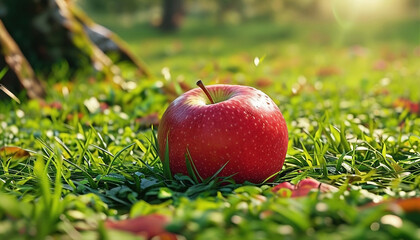 High detail close-up of a red apple on grass with sunlight and greenery, perfect for nature themes with copy space