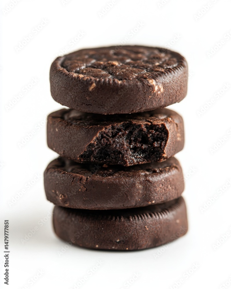 Poster stack of chocolate cookies with a bite taken out of one on a white background in a studio shot close