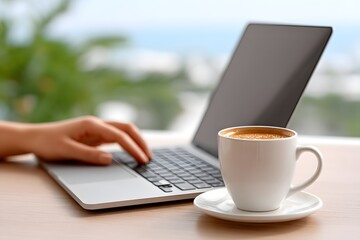 Fototapeta premium Productive work session with laptop and coffee home office lifestyle shot indoor close-up focus on creativity