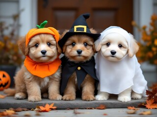 puppies in a tiny Halloween costumes