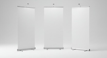 Minimalist mockup featuring three blank roll-up banners against a bright white background