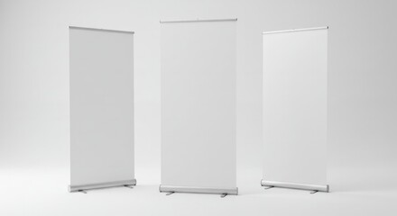 Studio shot of three versatile roll-up banner stands for professional marketing