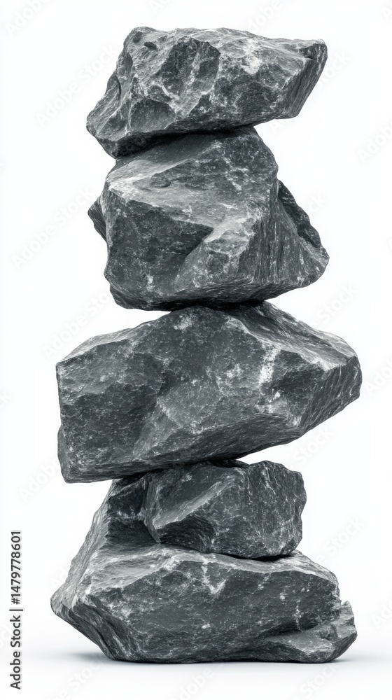 Poster stacked gray rocks on white background in studio shot symbolizing balance and zen like peacefulness 