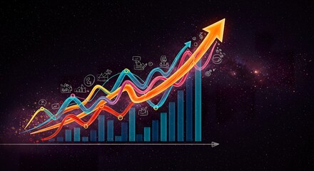 Abstract growth graph chart on dark cosmos background with creative doodles