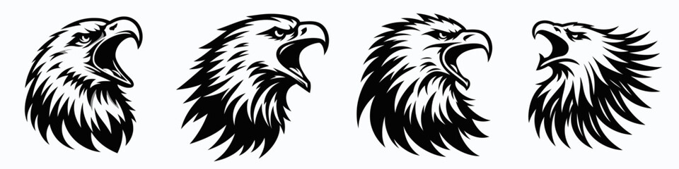 Obraz premium Bald Eagle. Roar Fierce Aggressive Strong Open Mouth Strength Clipart silhouette Vector Illustration. American raptor apex predator a national bird of prey powerful avian emblem.