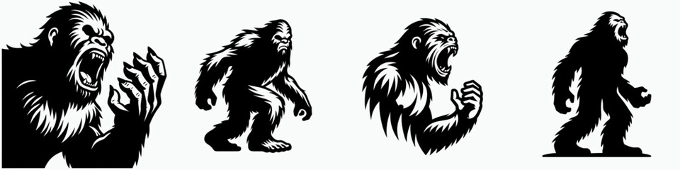Obraz premium Bigfoot. Roar Fierce Aggressive Strong Open Mouth Strength Clipart silhouette Vector Illustration. Elusive primate explore cryptic hominid legends woodland creature phenomena.
